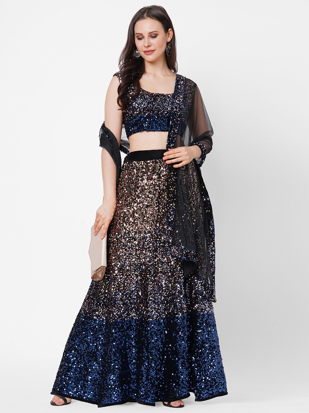 

RedRound Blue & Black Embellished Sequinned Semi-Stitched Lehenga & Unstitched Blouse With Dupatta