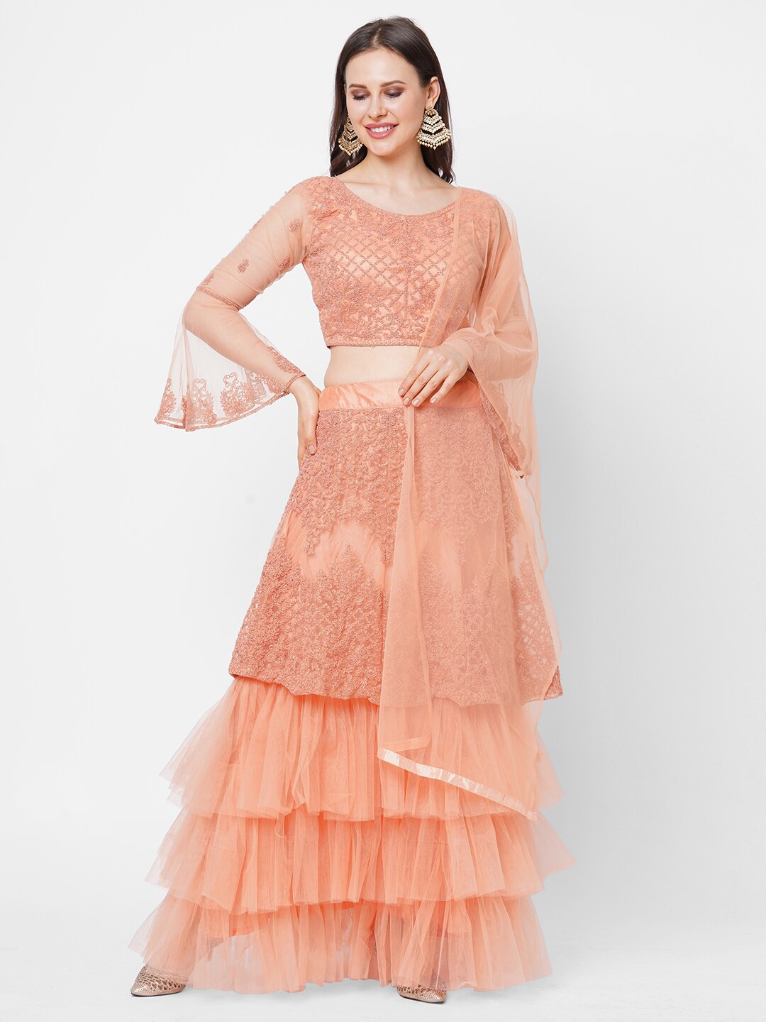 

RedRound Orange Embroidered Semi-Stitched Lehenga & Unstitched Blouse With Dupatta