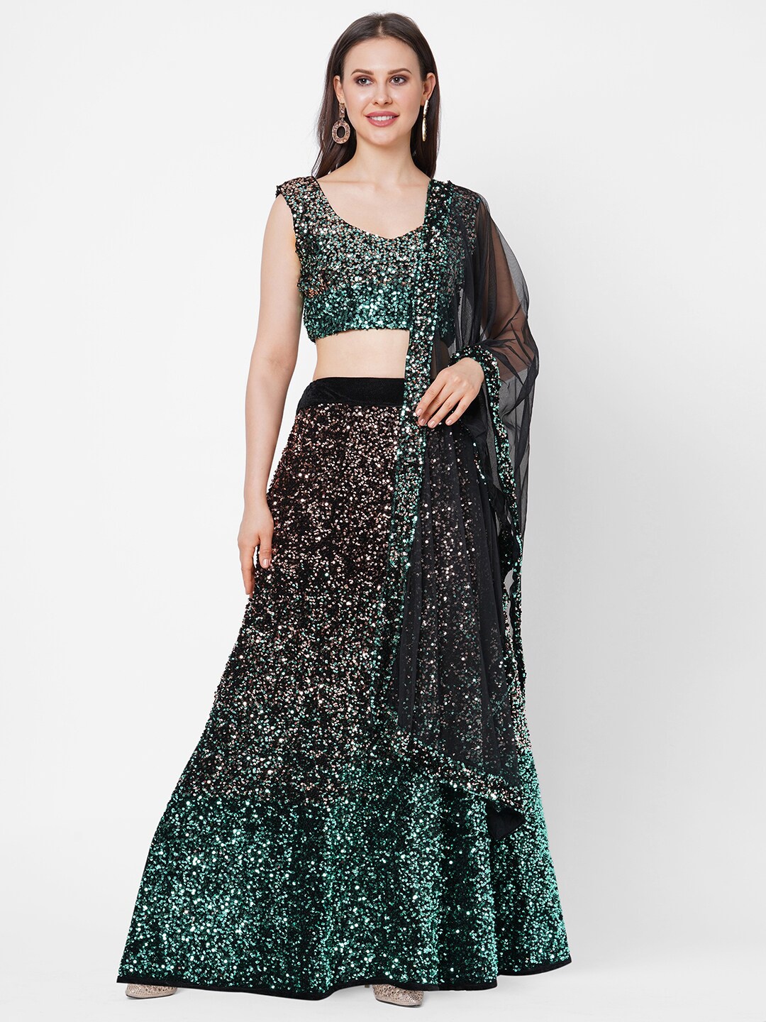 

RedRound Green & Silver-Toned Embellished Sequinned Unstitched Lehenga & Blouse With Dupatta