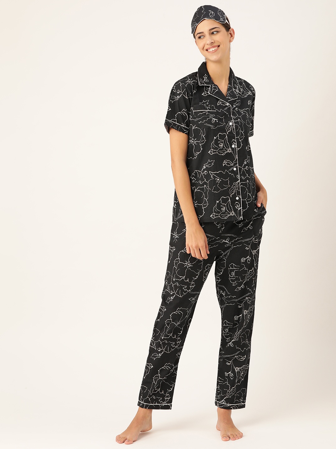 

Rapra The Label Women Black & White Printed Pure Cotton Pyajamas Set with Eye Mask