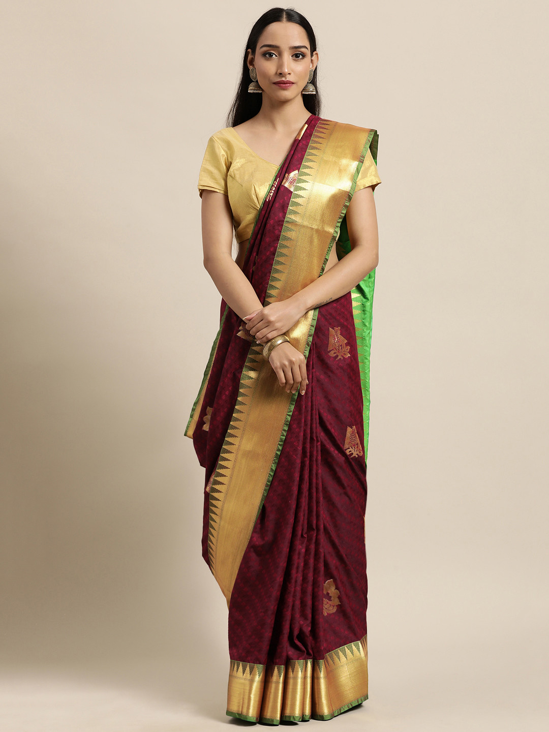 

Thara Saree Maroon & Green Woven Design Zari Art Silk Kanjeevaram Sarees