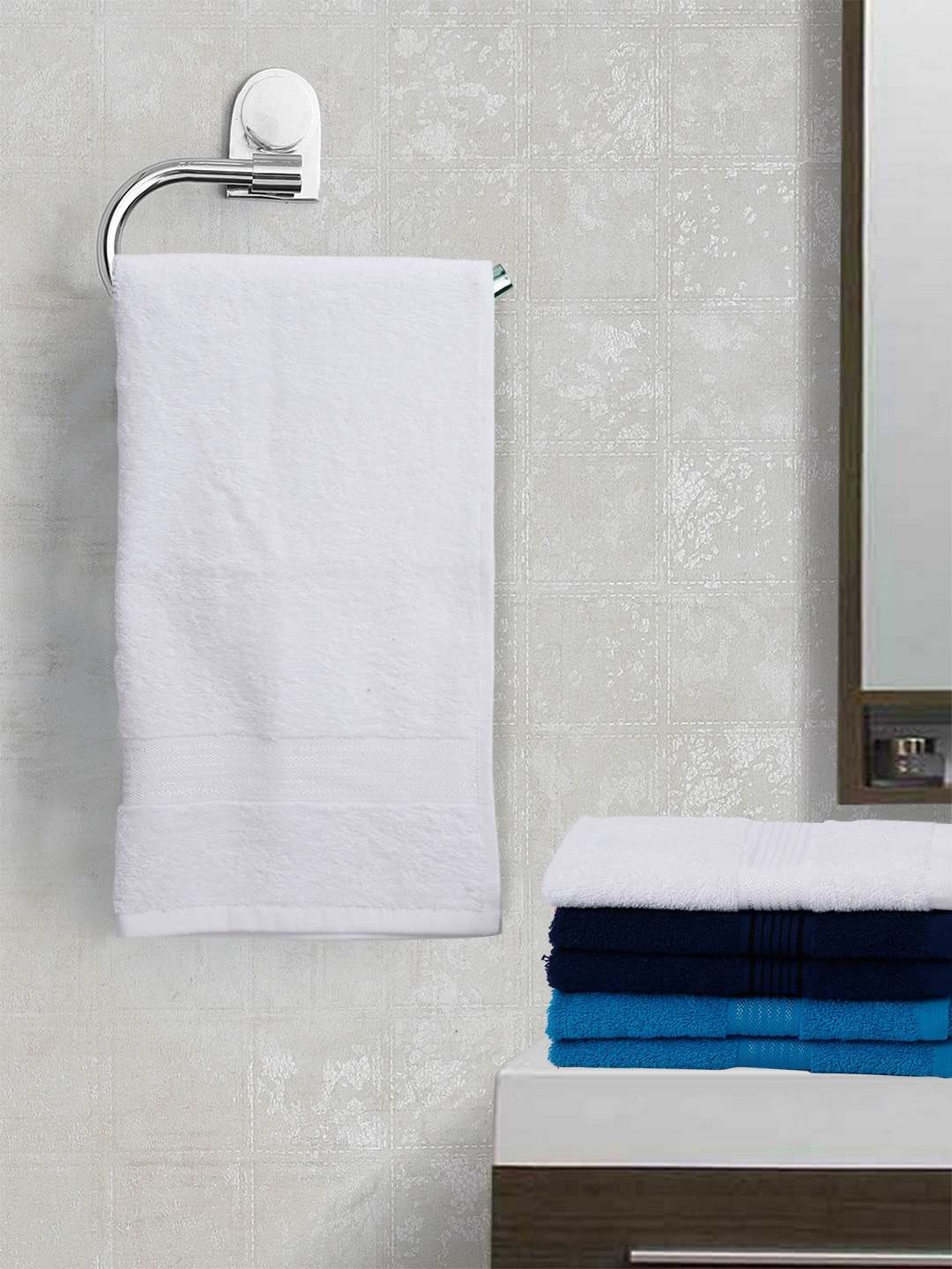 

BIANCA White & Navy Blue Set Of 6 380 GSM Pure Cotton Super-Soft Terry Bath Towels