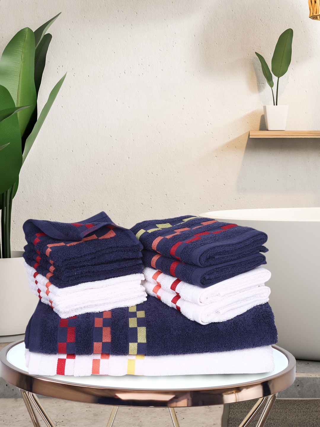 

BIANCA Set Of 14 Solid Pure Mercerized Combed Cotton 450 GSM Designer Towels, Navy blue