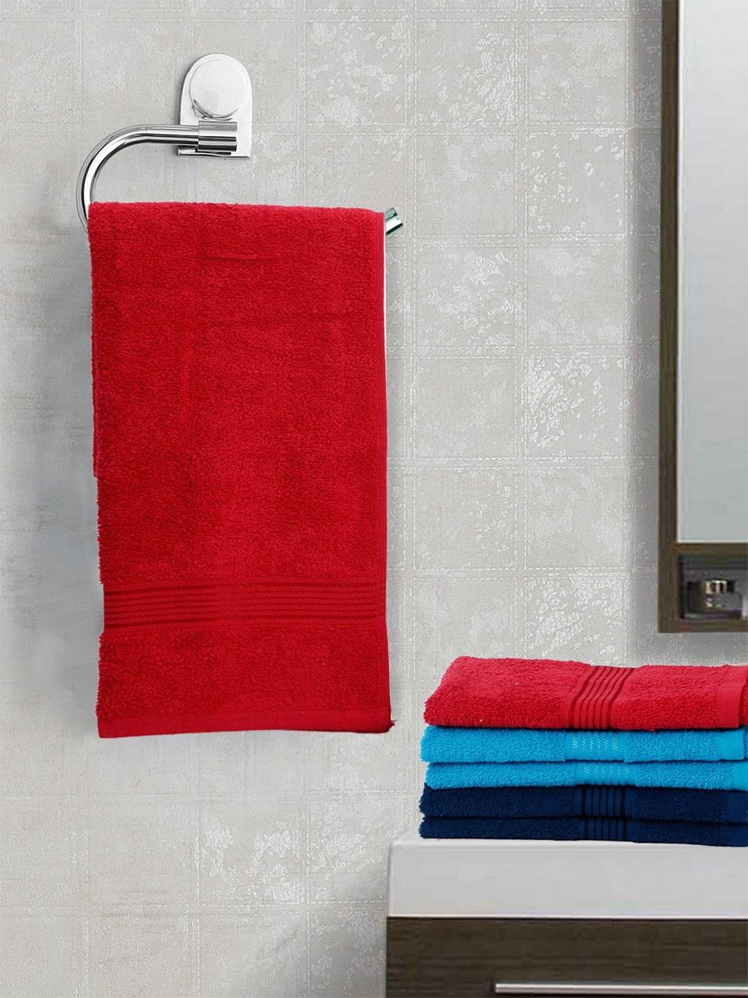 

BIANCA Red & Blue Set of 6 Solid 380 GSM Cotton Hand Towels