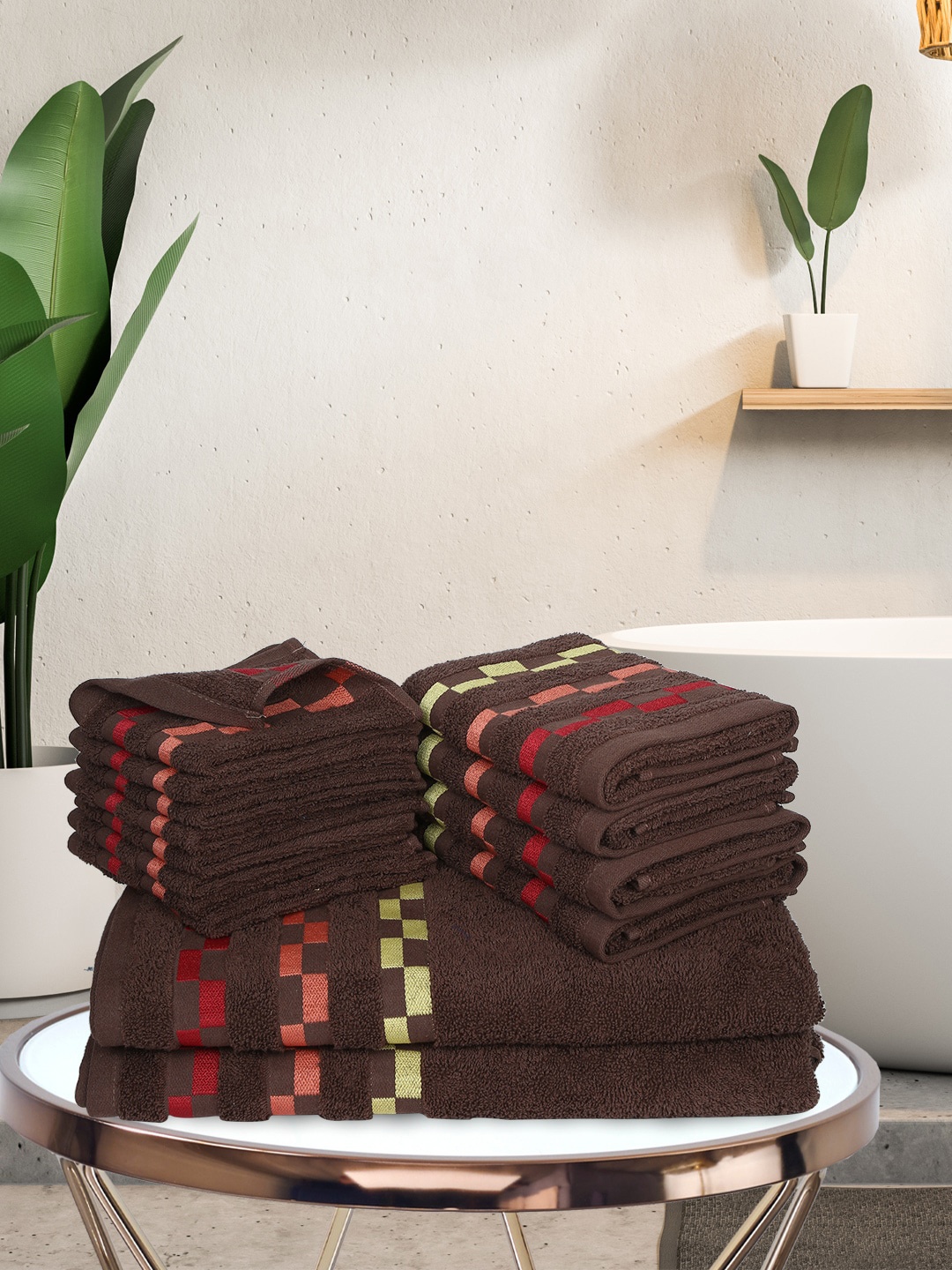 

BIANCA Set Of 14 Brown & Red Solid 450 GSM Pure Mercerized Combed Cotton Towels