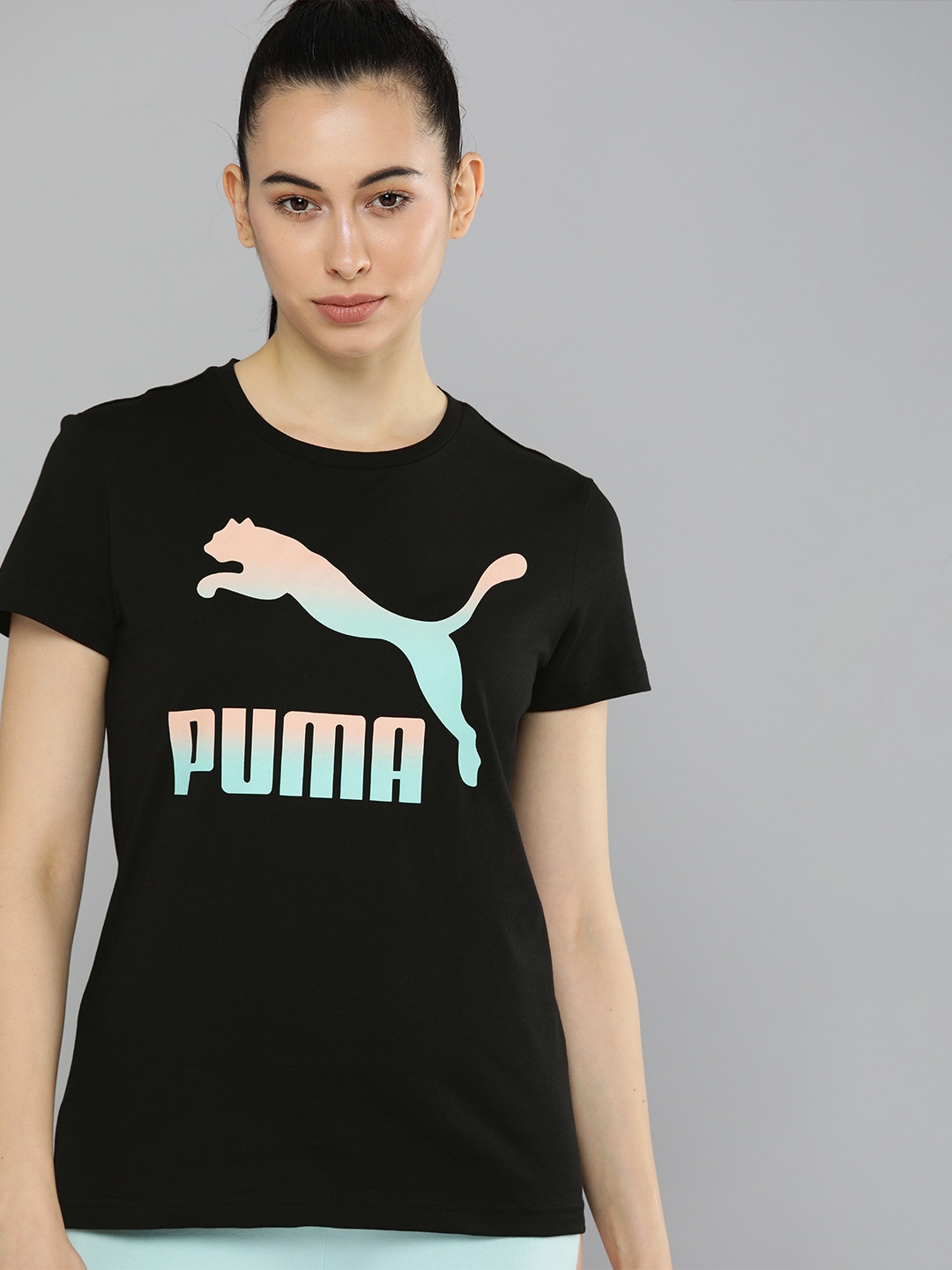 

Puma Women Black Classics Brand Logo Printed Pure Cotton T-shirt
