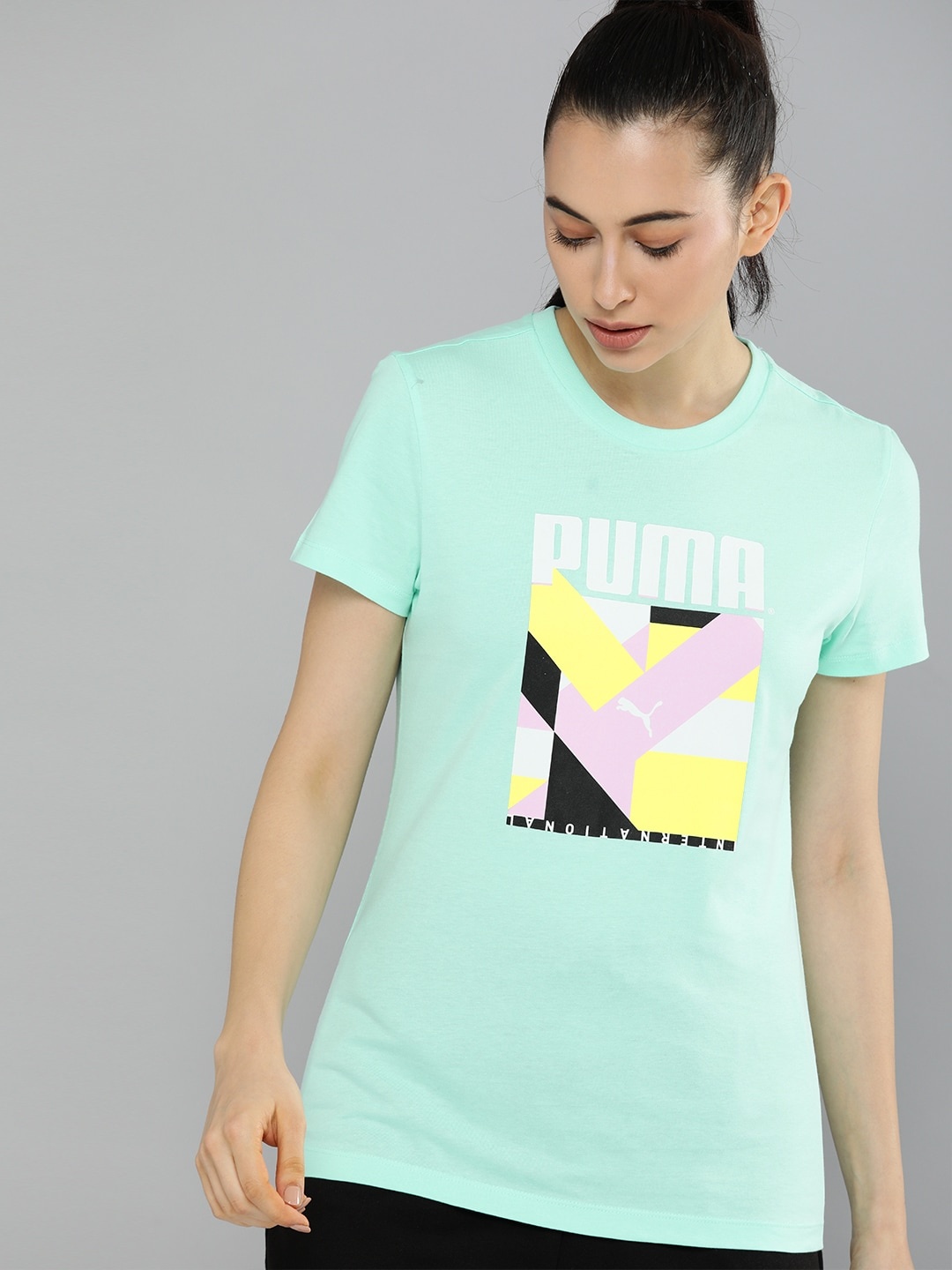

Puma Women Turquoise Blue Brand Logo Printed International Graphic T-shirt