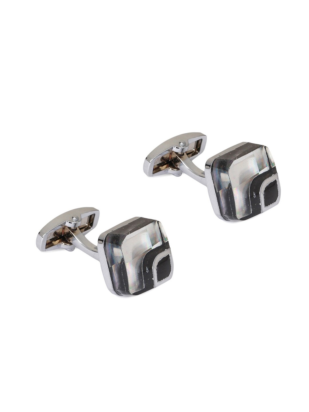 Alvaro Castagnino Silver-Toned & Black Geometric Cufflinks