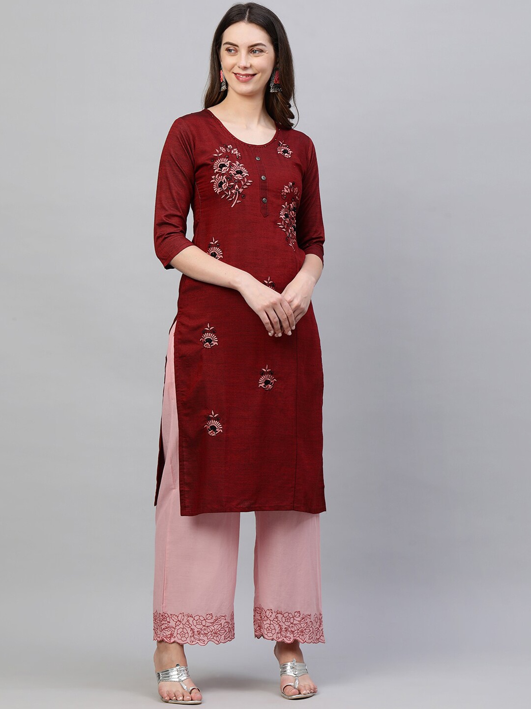 

FASHOR Women Maroon Embroidered Kurta
