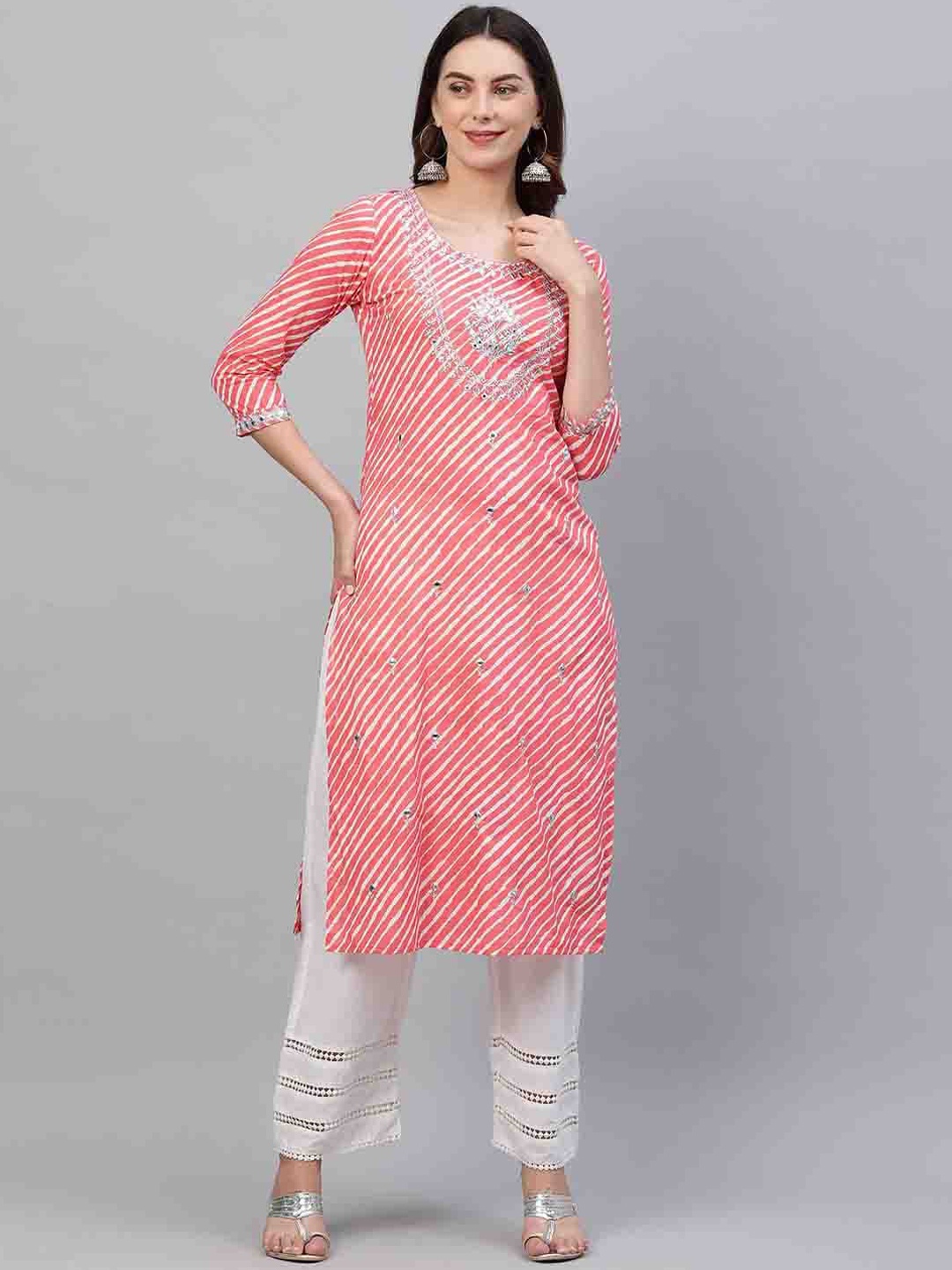 

FASHOR Women Pink & Silver Mirror Embroidered Leheriya Printed Kurta