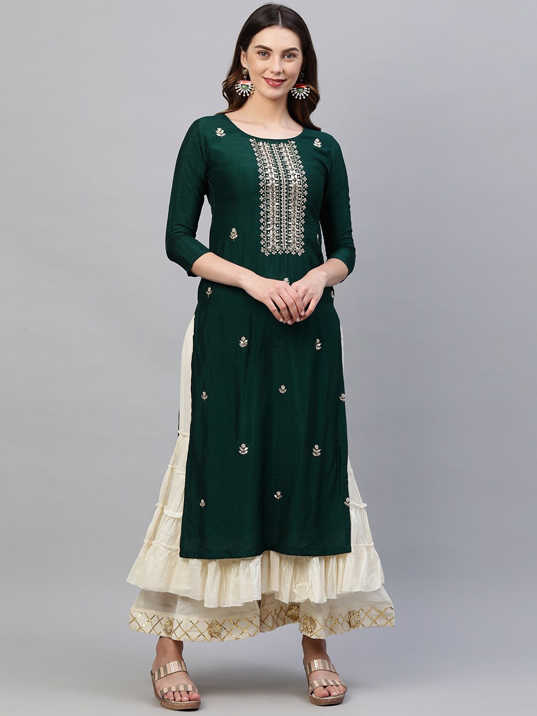 

FASHOR Women Green Floral Embroidered Thread Work Dupion Silk Straight Kurta