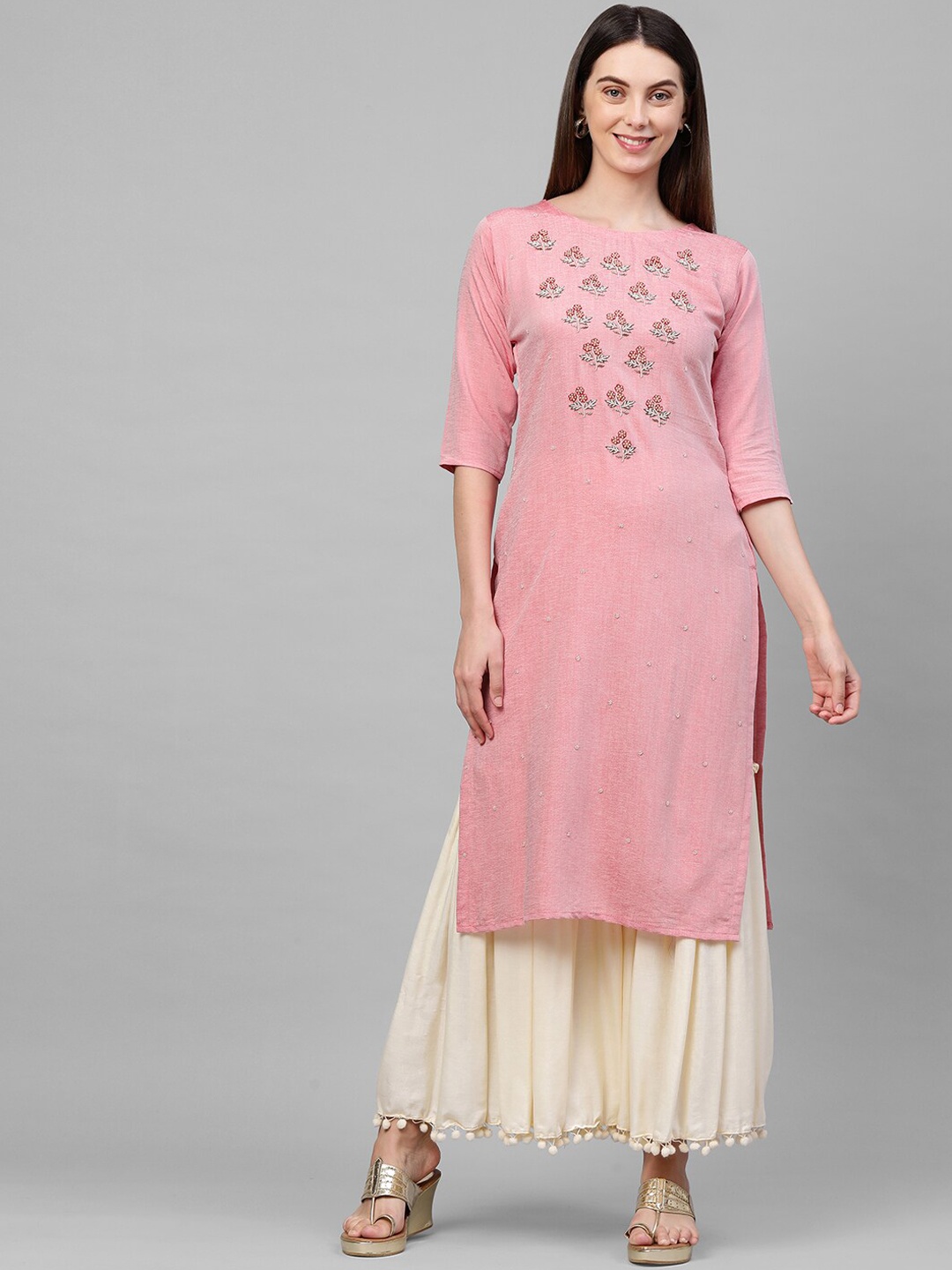 

FASHOR Women Pink Floral Beads & Stones Hand Embroidered A-line Kurta