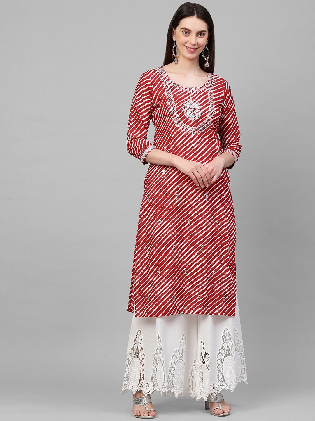

FASHOR Women Red Striped Mirror Work Anarkali Kurta