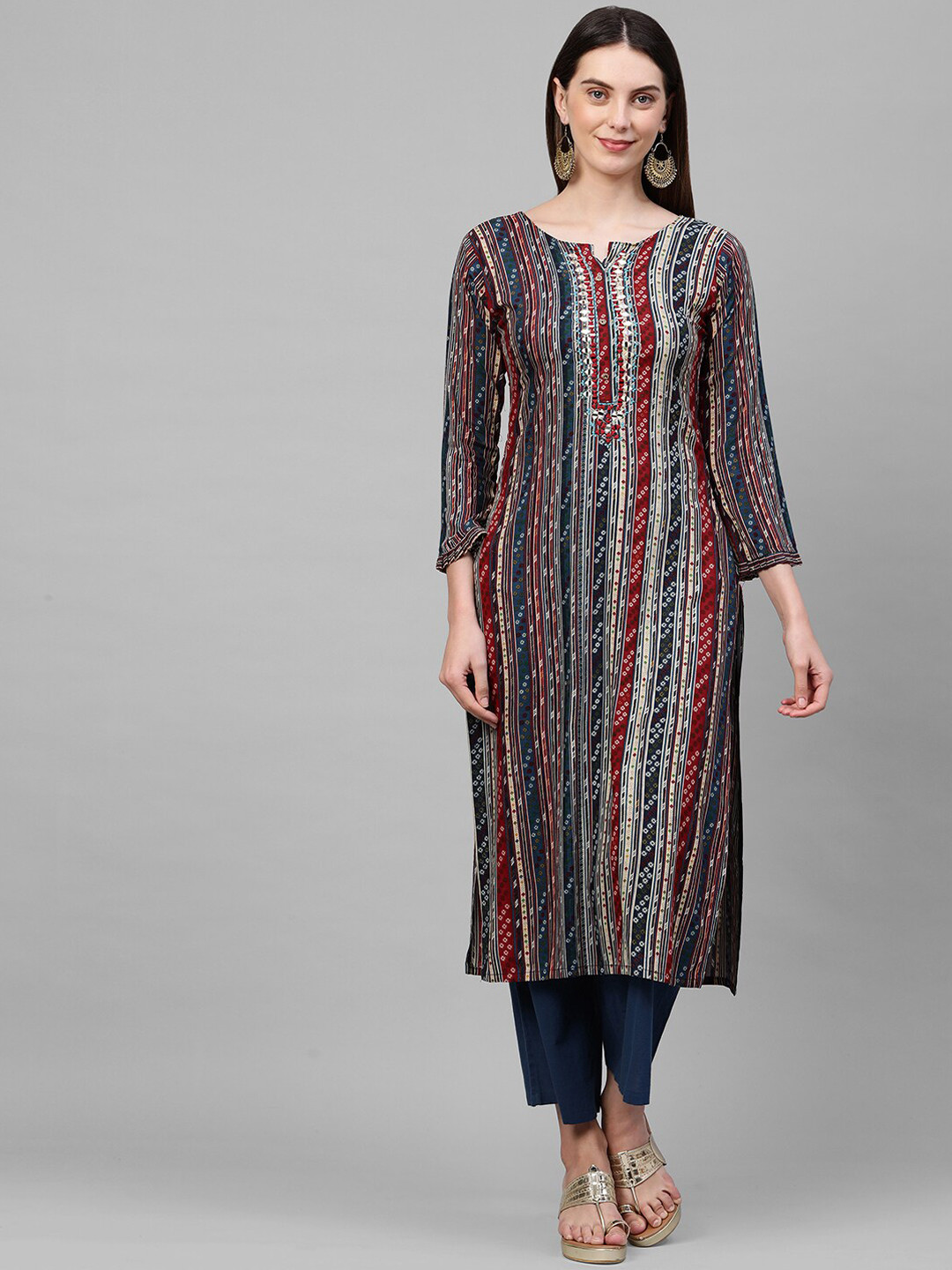 

FASHOR Women Multicoloured Geometric Striped Keyhole Neck Flared Sleeves Kurta, Multi
