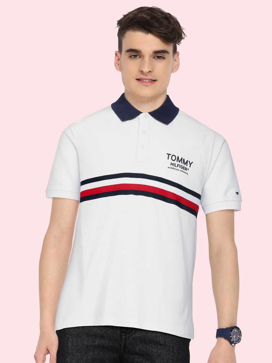 

Tommy Hilfiger Boys White Striped Contrast Polo Collar Cotton Applique Regular Fit T-shirt