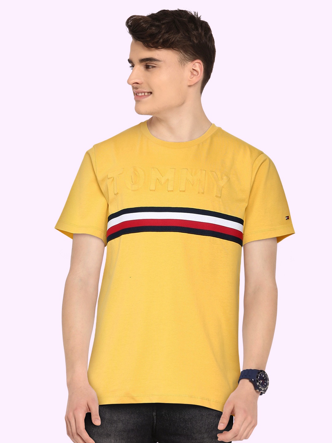

Tommy Hilfiger Boys Yellow Striped Round Neck Organic Cotton Applique Regular Fit T-shirt