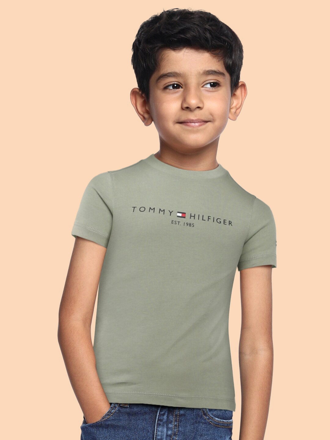

Tommy Hilfiger Boys Olive Green Brand Logo Cotton T-shirt