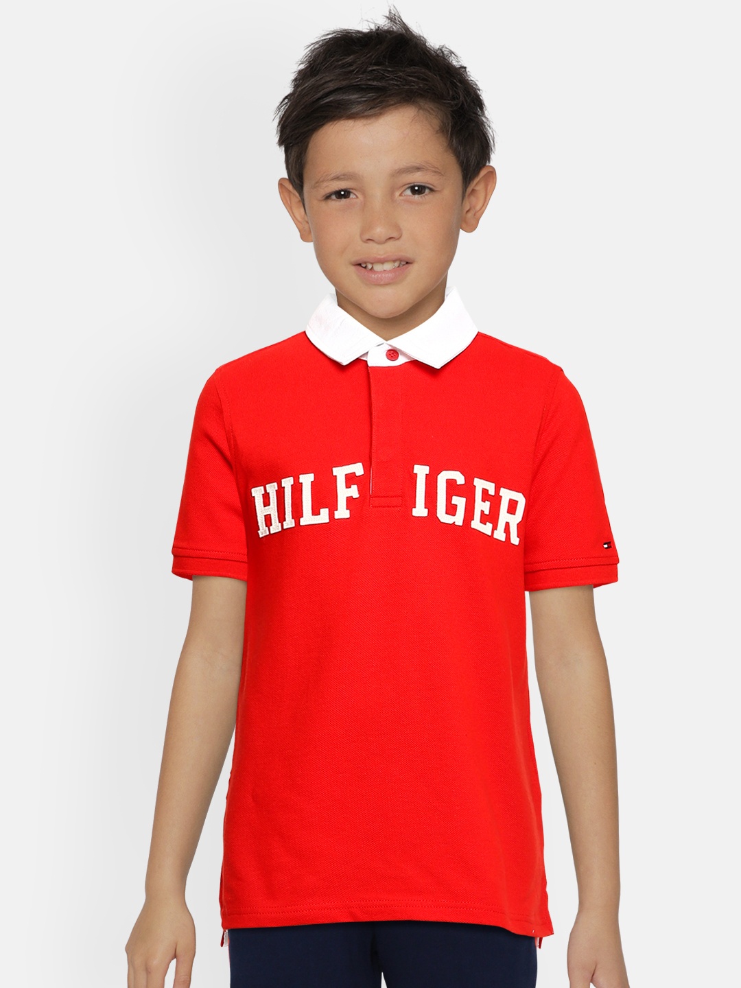 

Tommy Hilfiger Boys Red & White Organic Cotton Printed Polo Collar T-shirt