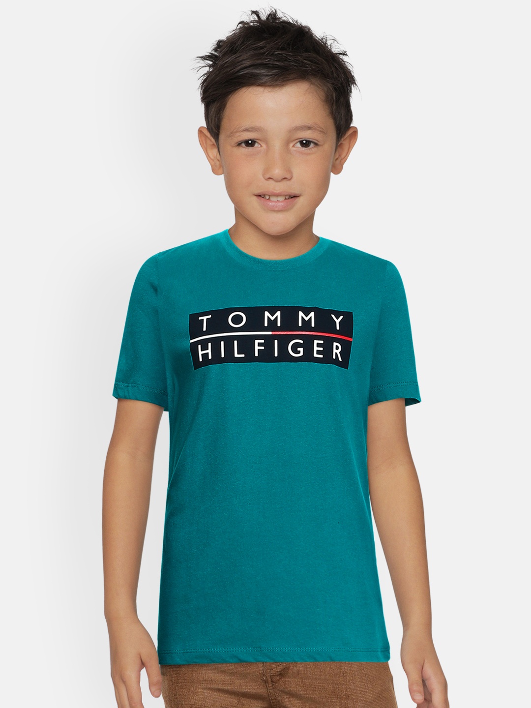 

Tommy Hilfiger Boys Teal Green Brand Logo Printed Organic Cotton T-shirt