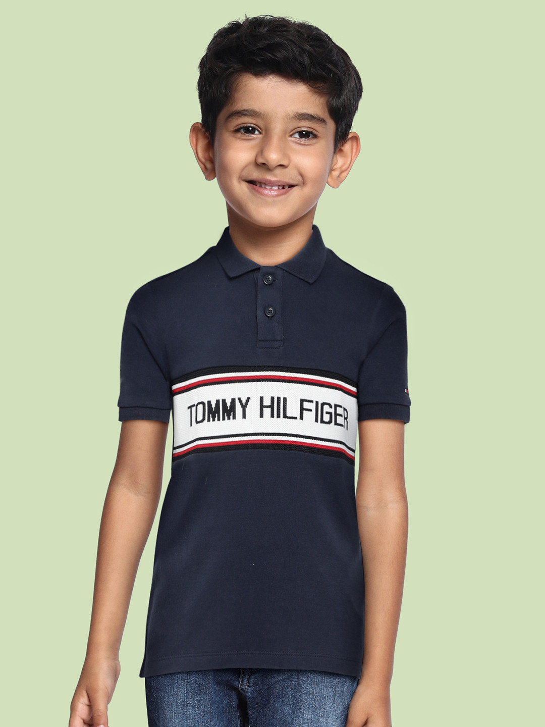 

Tommy Hilfiger Boys Navy Blue Brand Logo Printed Pure Cotton Polo Collar T-shirt