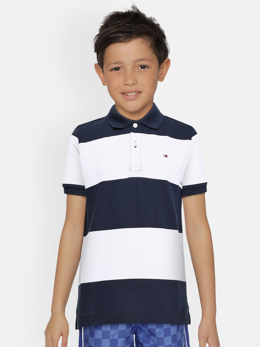 

Tommy Hilfiger Boys Navy Blue White Striped Polo Collar Organic Cotton T-shirt