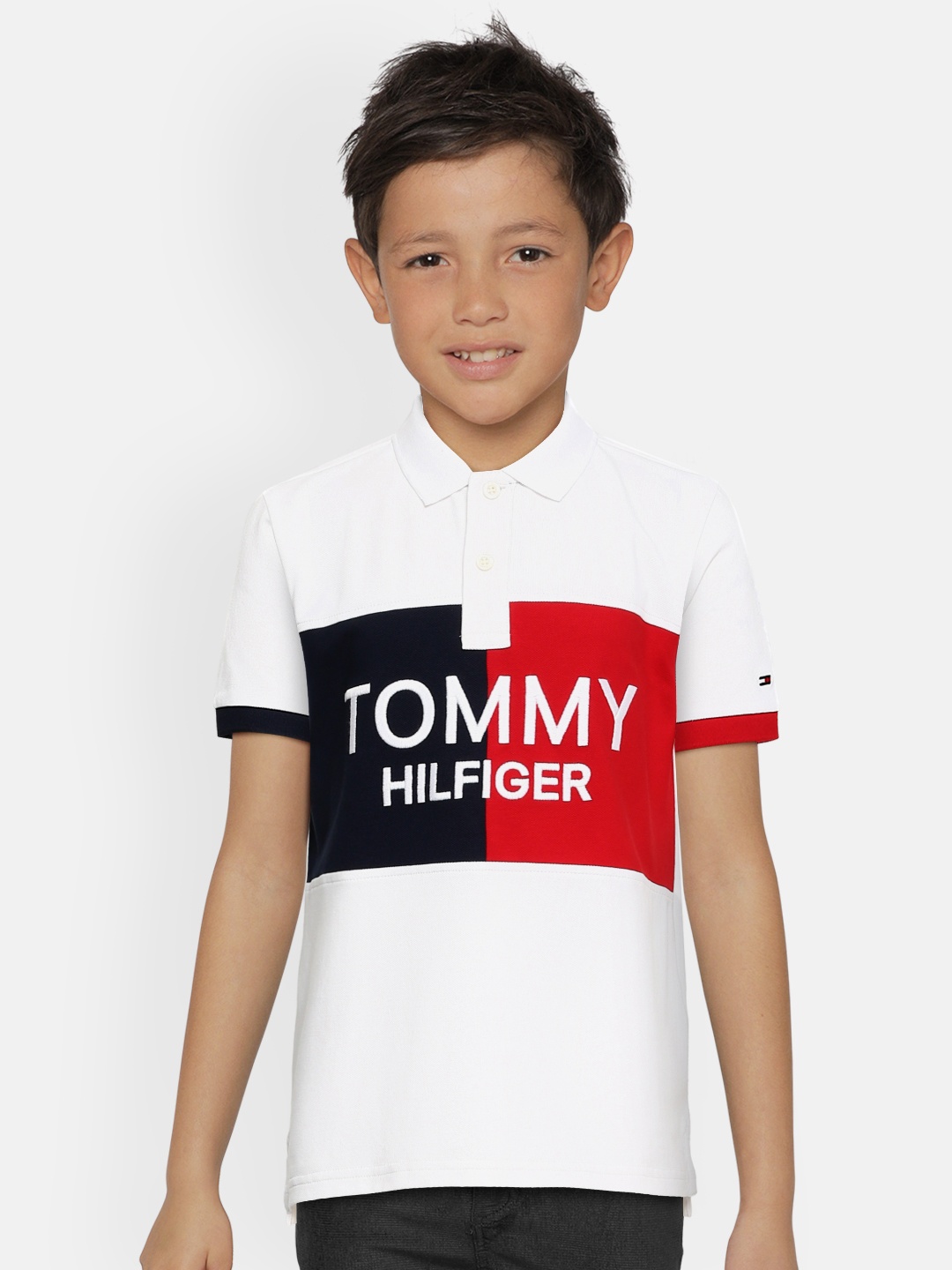 

Tommy Hilfiger Boys White & Red Typography Printed Polo Collar T-shirt
