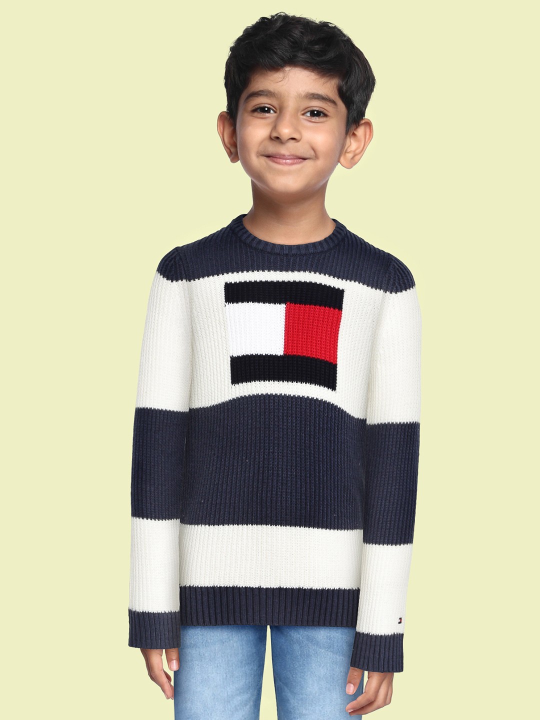 

Tommy Hilfiger Boys White & Navy Blue Colourblocked Pullover