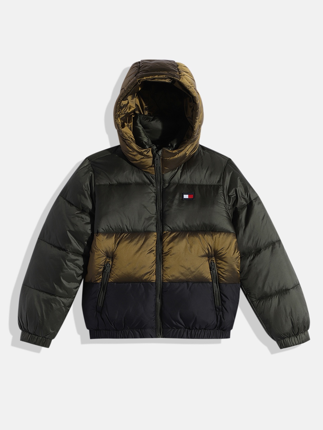 

Tommy Hilfiger Boys Olive Green & Copper-Toned Colourblocked Puffer Jacket