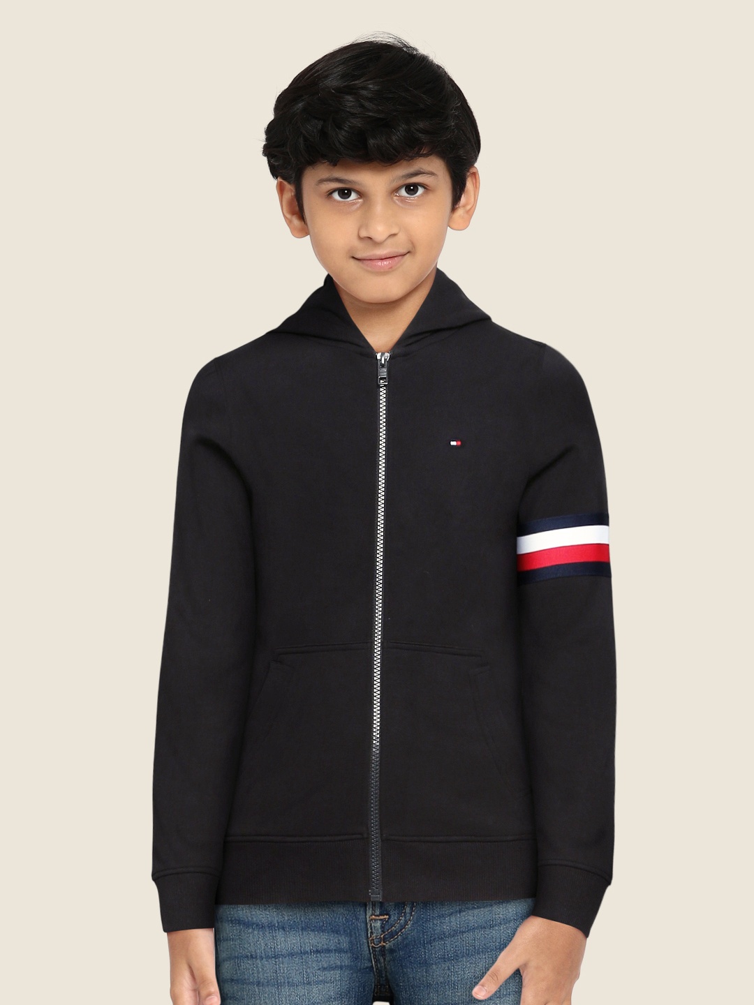 

Tommy Hilfiger Boys Black Solid Hooded Sweatshirt