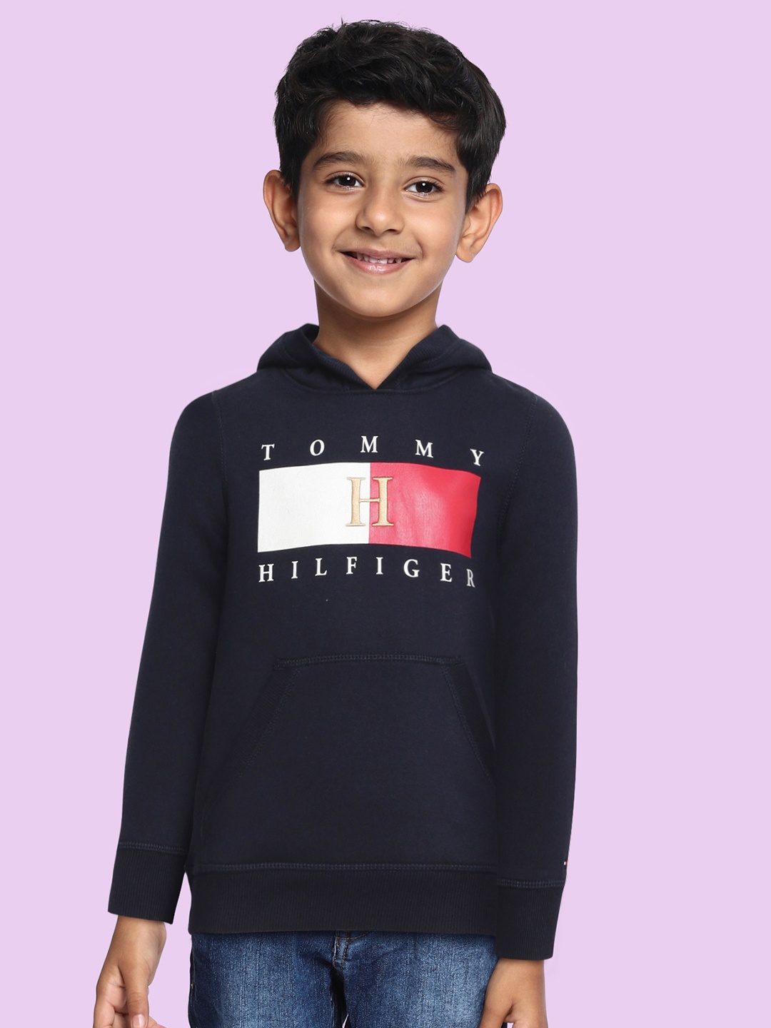 

Tommy Hilfiger Boys Navy Blue Brand Logo Printed Hooded Sweatshirt