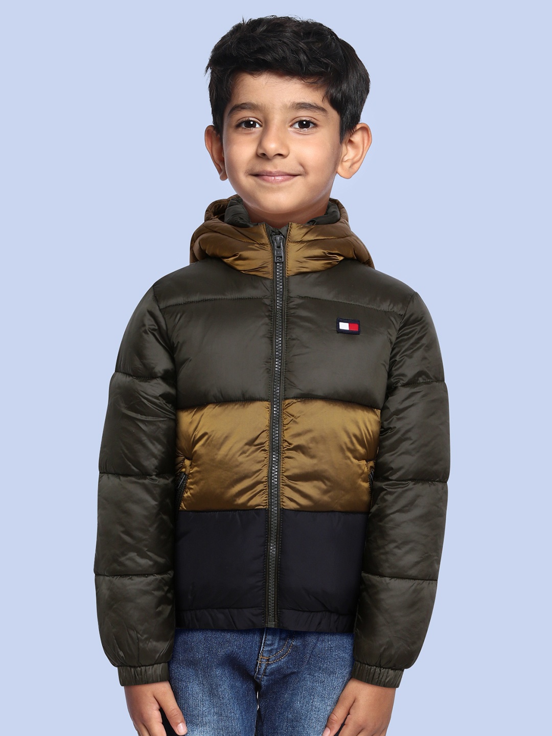 

Tommy Hilfiger Boys Olive Green & Brown Colourblocked Padded Jacket