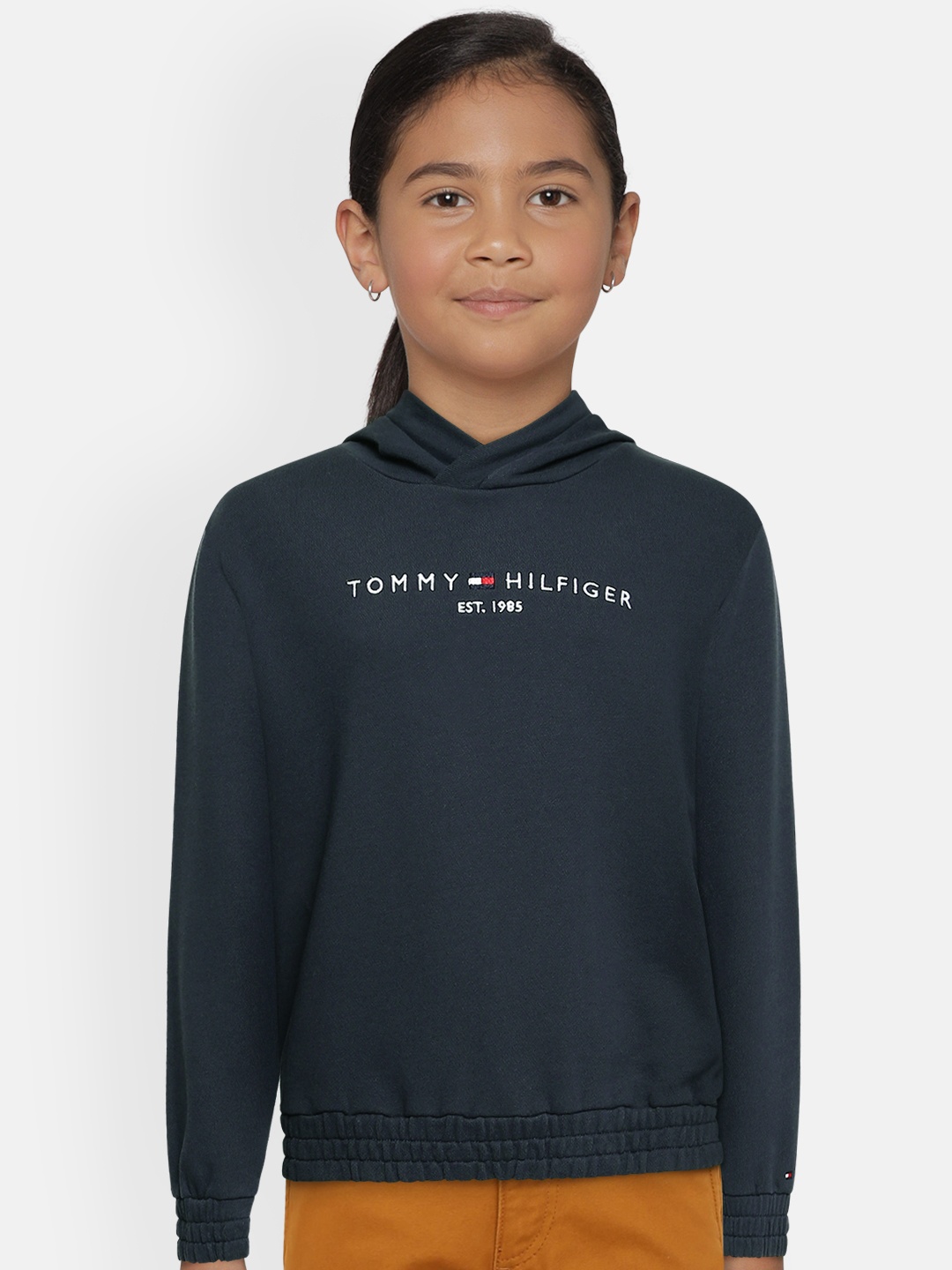 

Tommy Hilfiger Girls Navy Blue Hooded Typography Printed Organic Cotton Sweatshirt