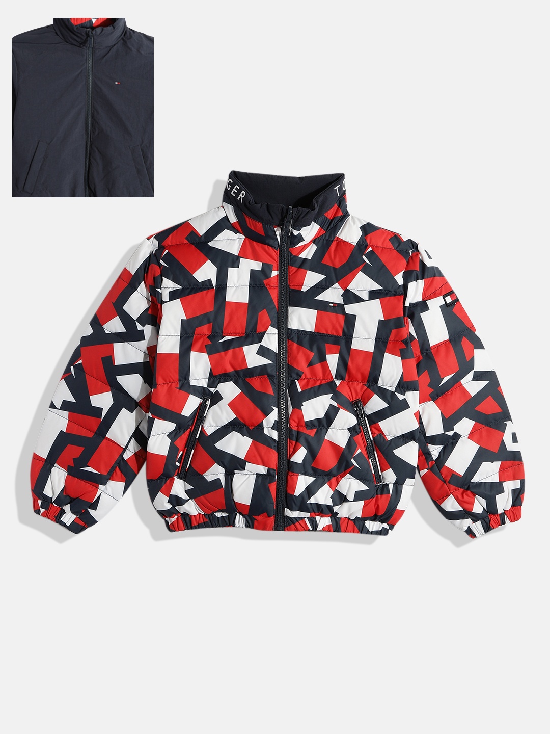 

Tommy Hilfiger Boys Navy Blue Red Geometric Reversible Padded Jacket