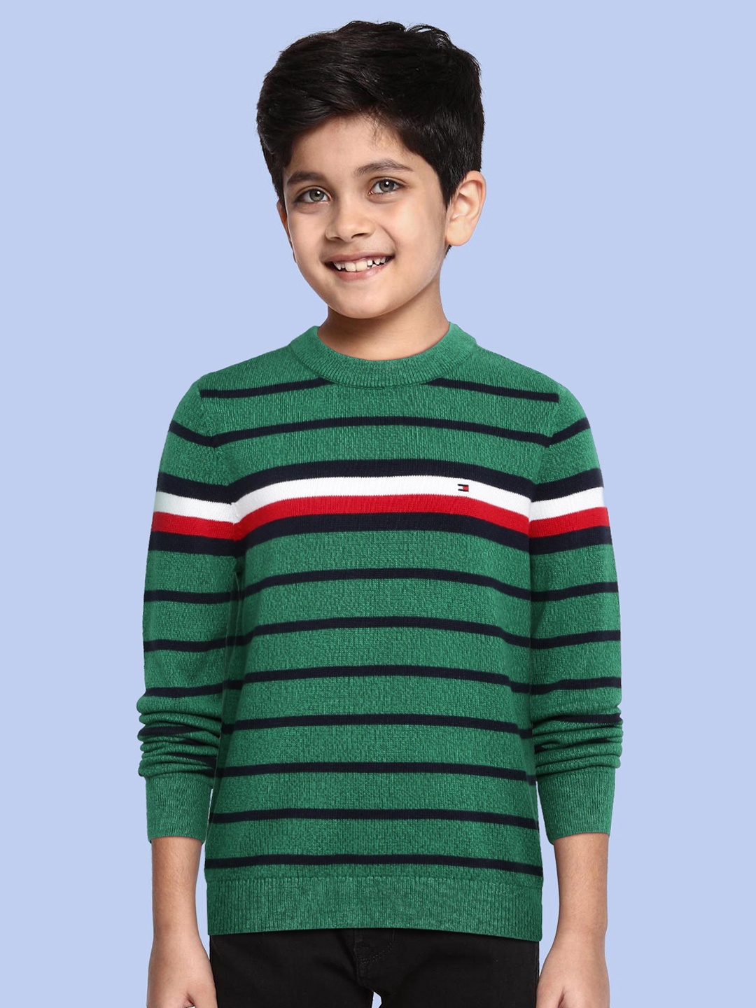 

Tommy Hilfiger Boys Green & Navy Blue Pure Cotton Striped Pullover