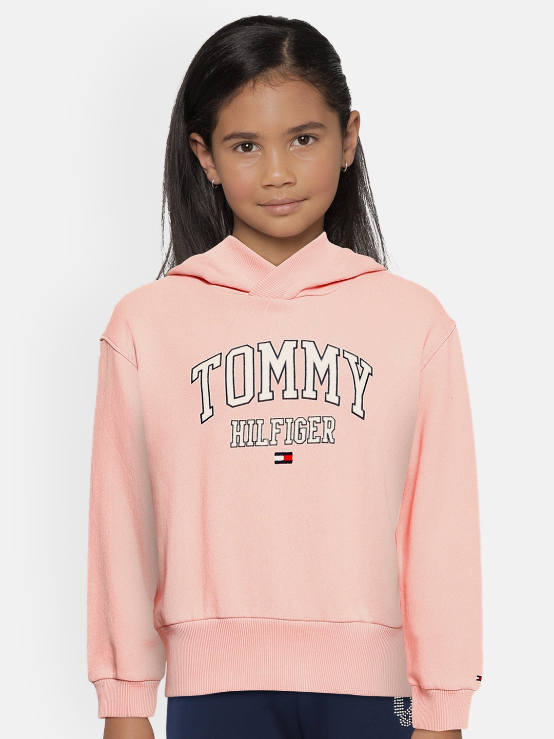 

Tommy Hilfiger Girls Pink Typography Printed Organic Cotton Hooded Sweatshirt