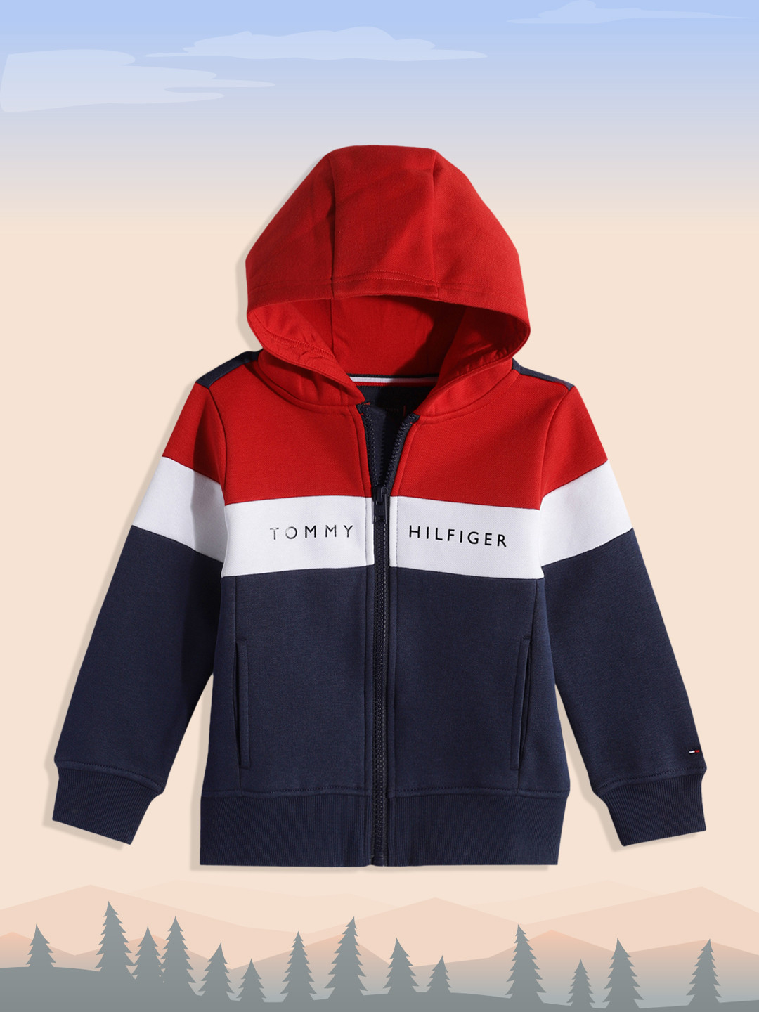 

Tommy Hilfiger Boys Red & Navy Blue Colourblocked Hooded Sweatshirt
