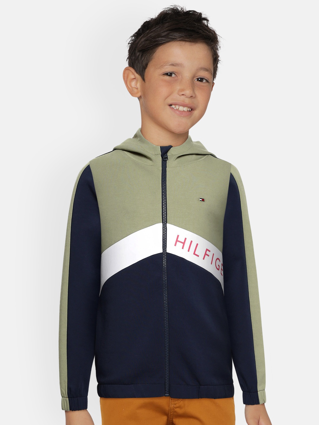 

Tommy Hilfiger Boys Olive Green & Navy Blue Colourblocked Hooded Sweatshirt