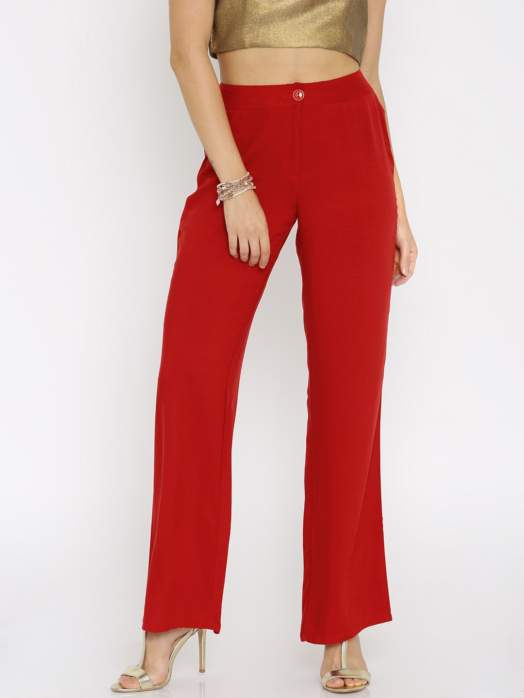 

Global Desi Women Red Solid Regular Fit Flat-Front Trousers