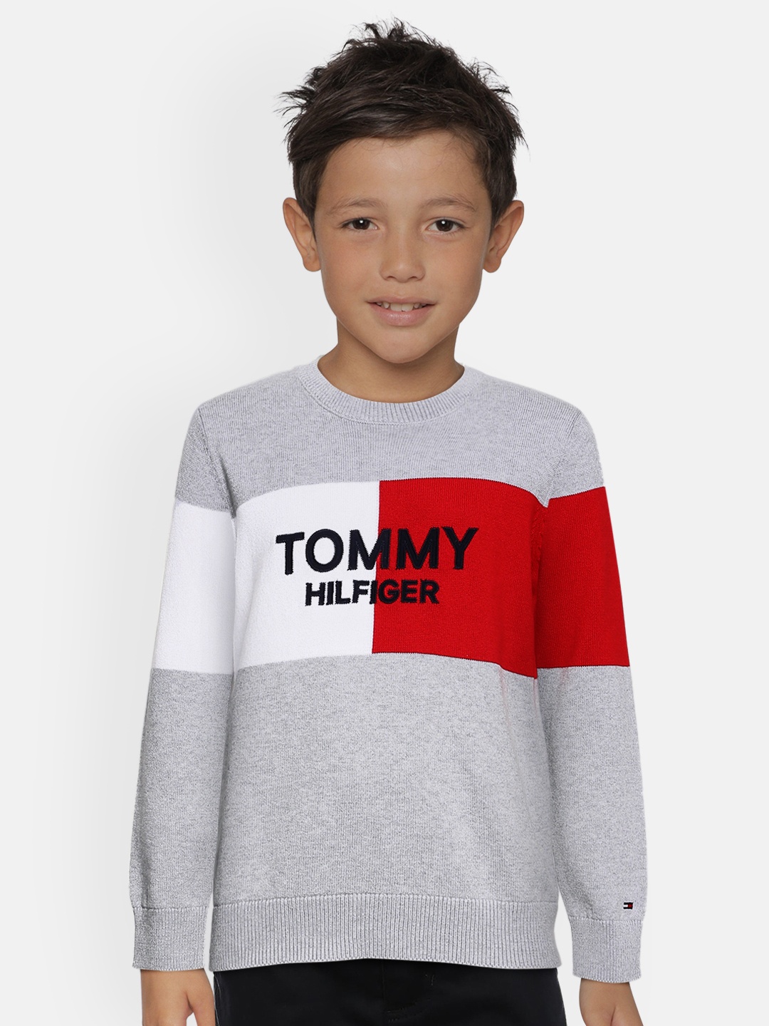

Tommy Hilfiger Boys Grey & White Colourblocked Applique Cotton Sweatshirt
