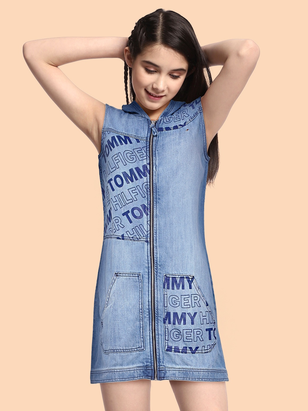 

Tommy Hilfiger Blue Pure Cotton Washed Typography Denim Jumper Dress