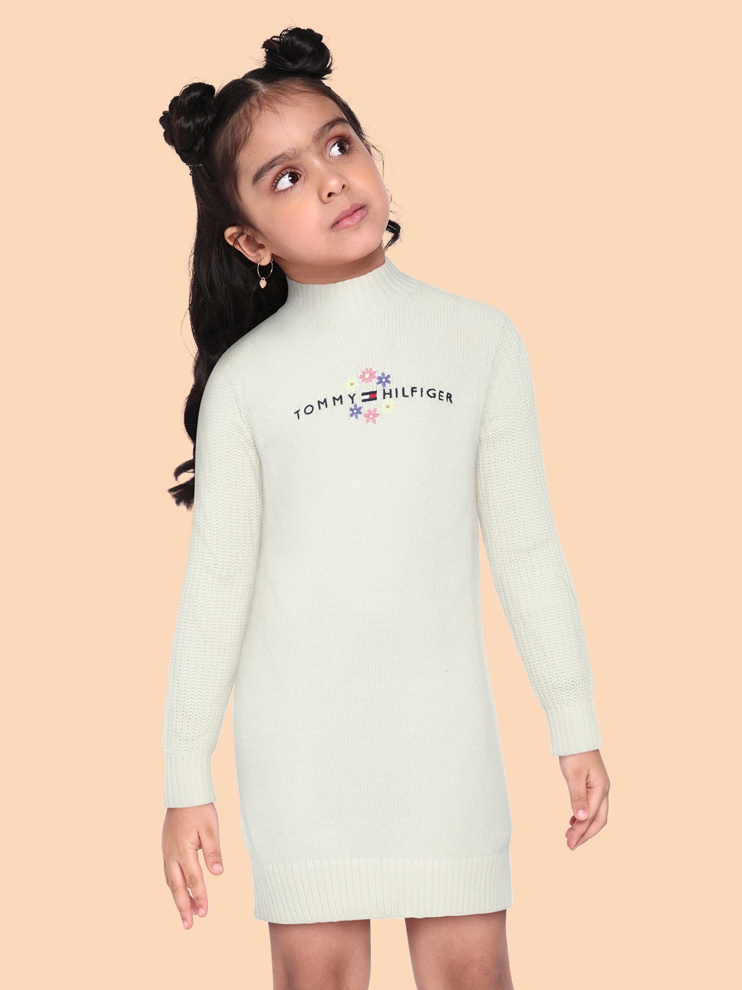 

Tommy Hilfiger Girls Yellow Solid High Neck Regular Sleeves Embroidered Sweater Dress