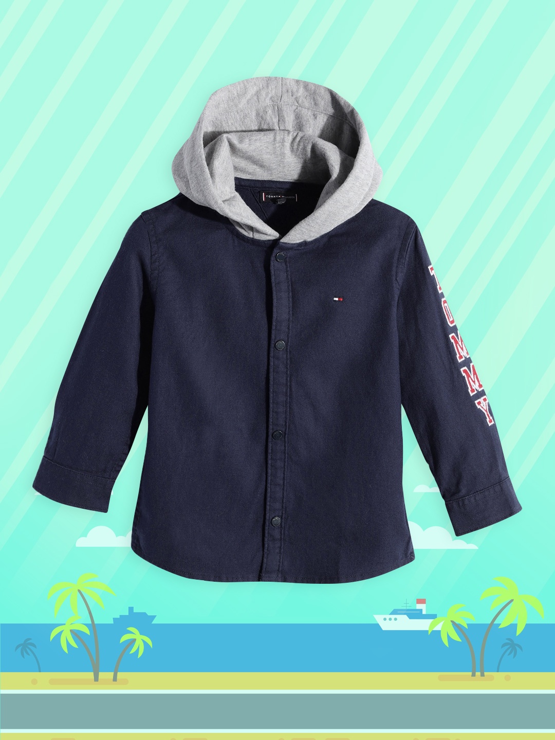 

Tommy Hilfiger Boys Navy Blue & Grey Melange Solid Hooded Casual Shirt
