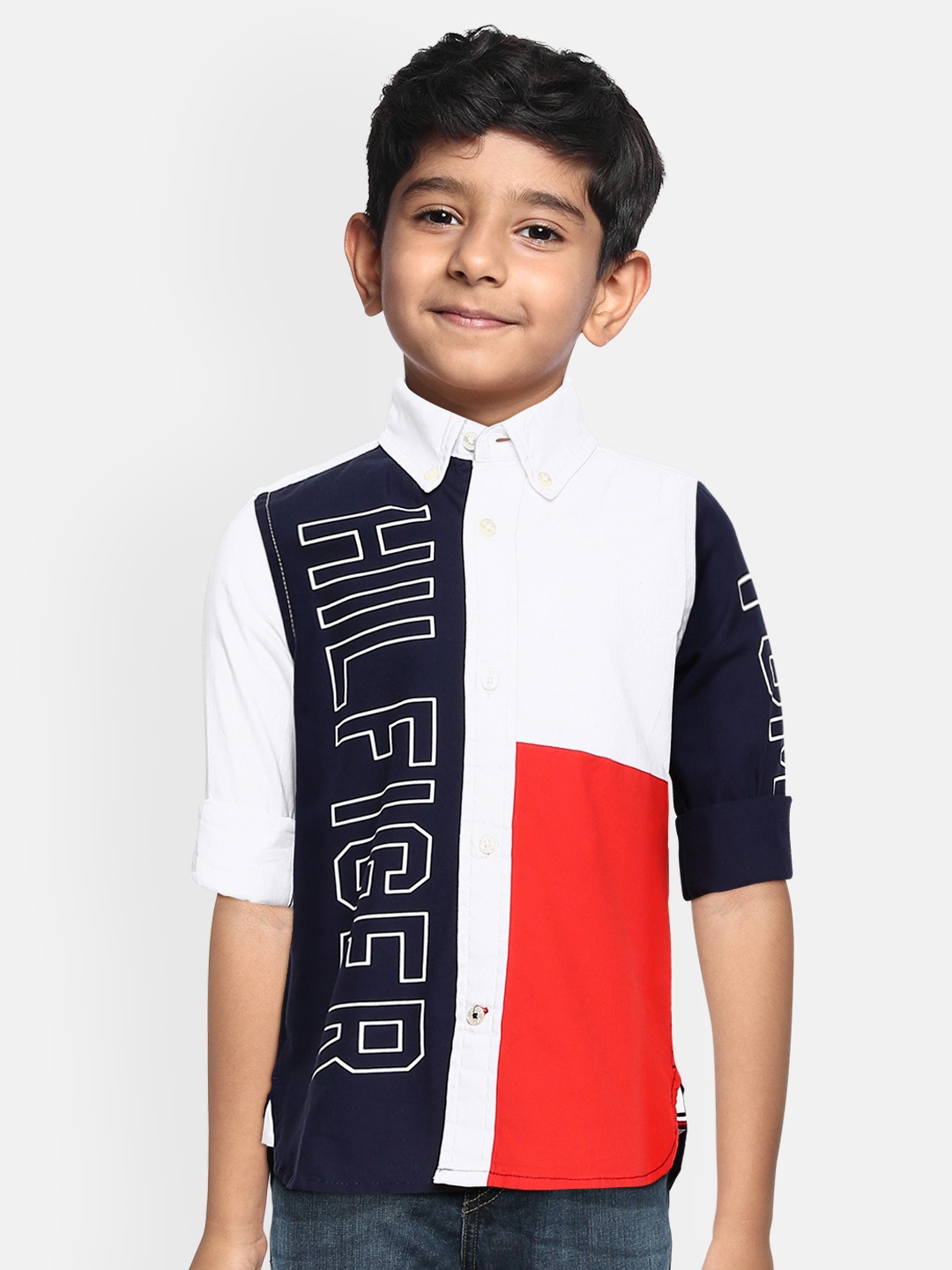 

Tommy Hilfiger Boys White & Navy Blue Pure Cotton Woven Opaque Colourblocked Casual Shirt