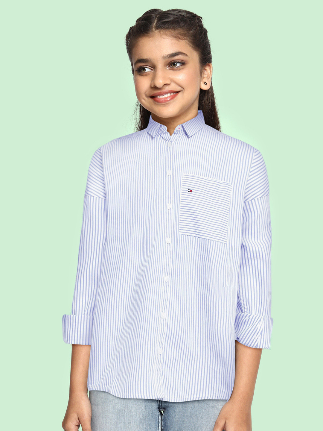

Tommy Hilfiger Girls White Striped Pure Cotton Casual Shirt