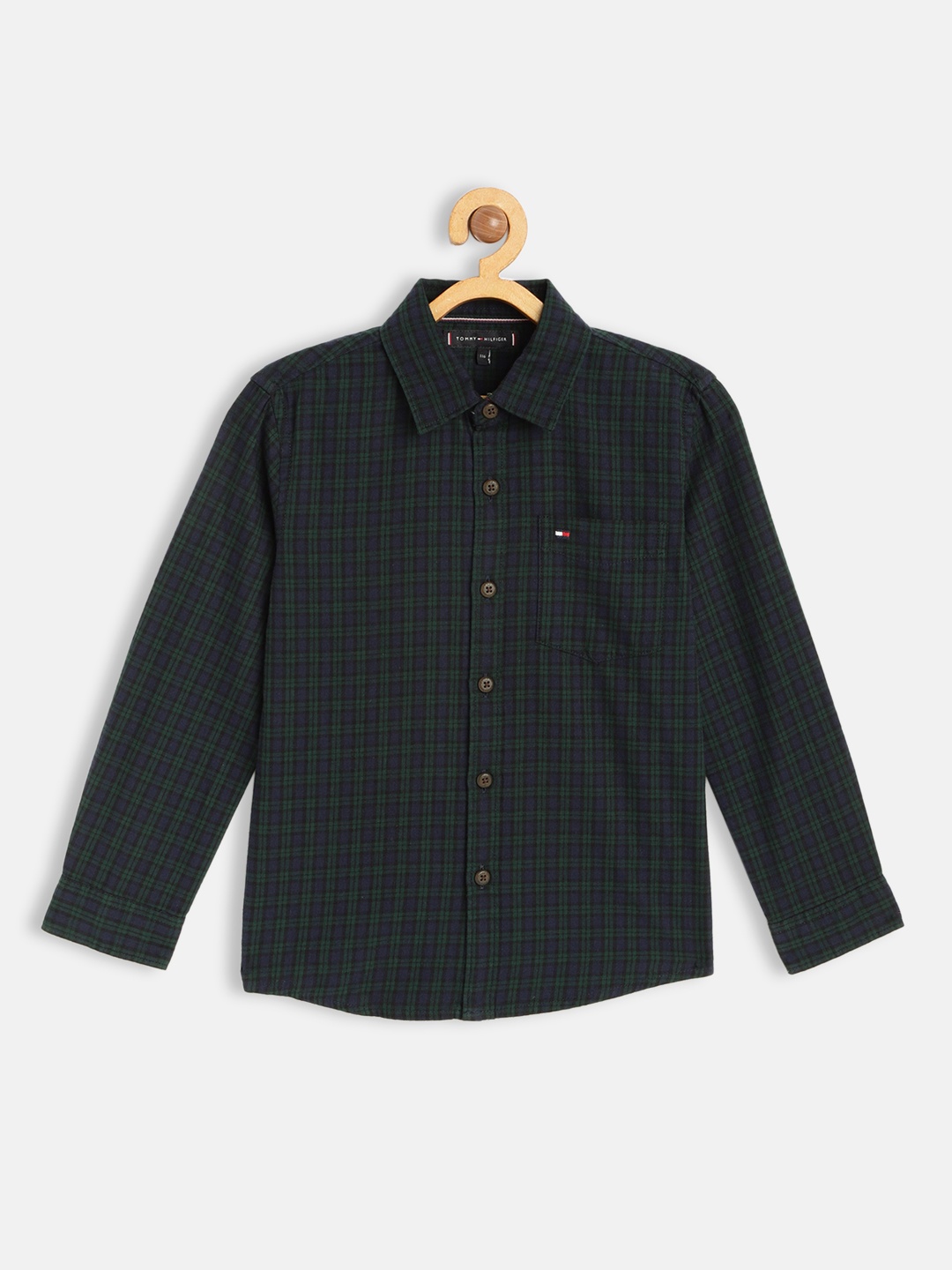 

Tommy Hilfiger Boys Navy Blue & Green Pure Cotton Checked Casual Shirt