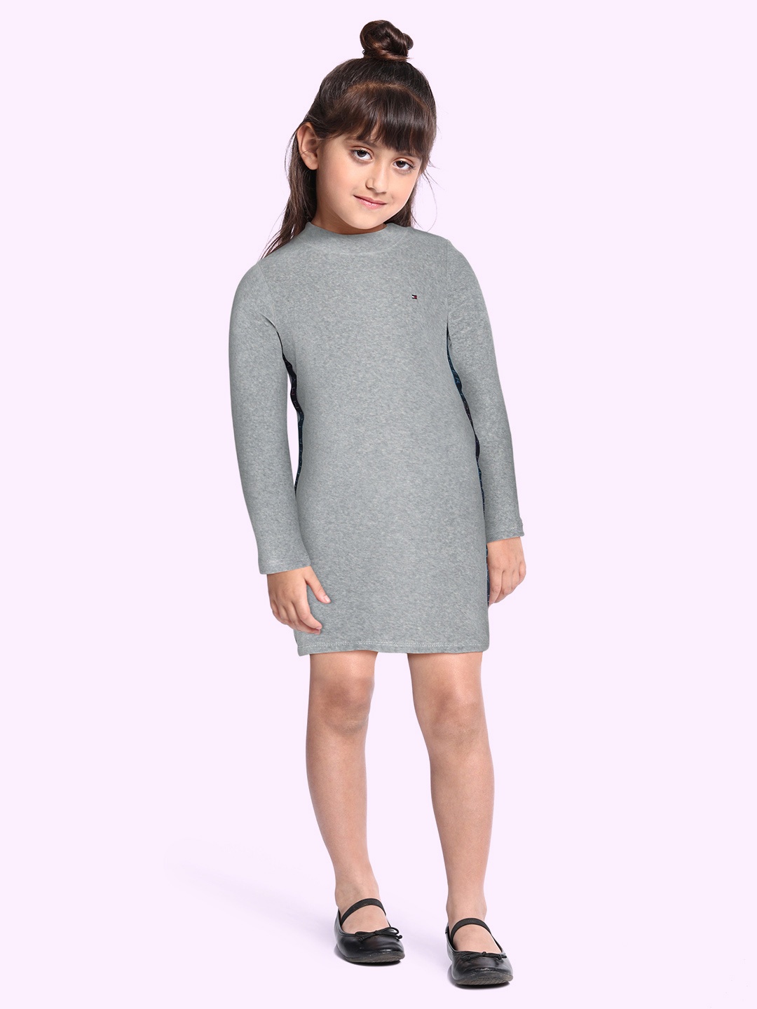 

Tommy Hilfiger Girls Grey Melange Solid High Neck Regular Sleeves Side Tape Jumper Dress