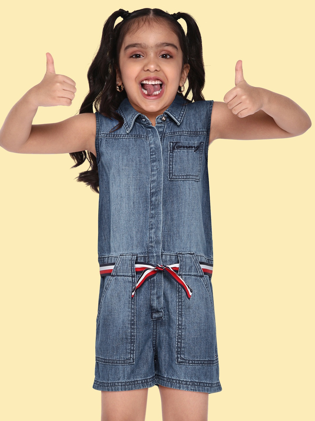 

Tommy Hilfiger Girls Blue Pure Cotton Shirt Collar Faded Denim Playsuit with Waist Tie-ups