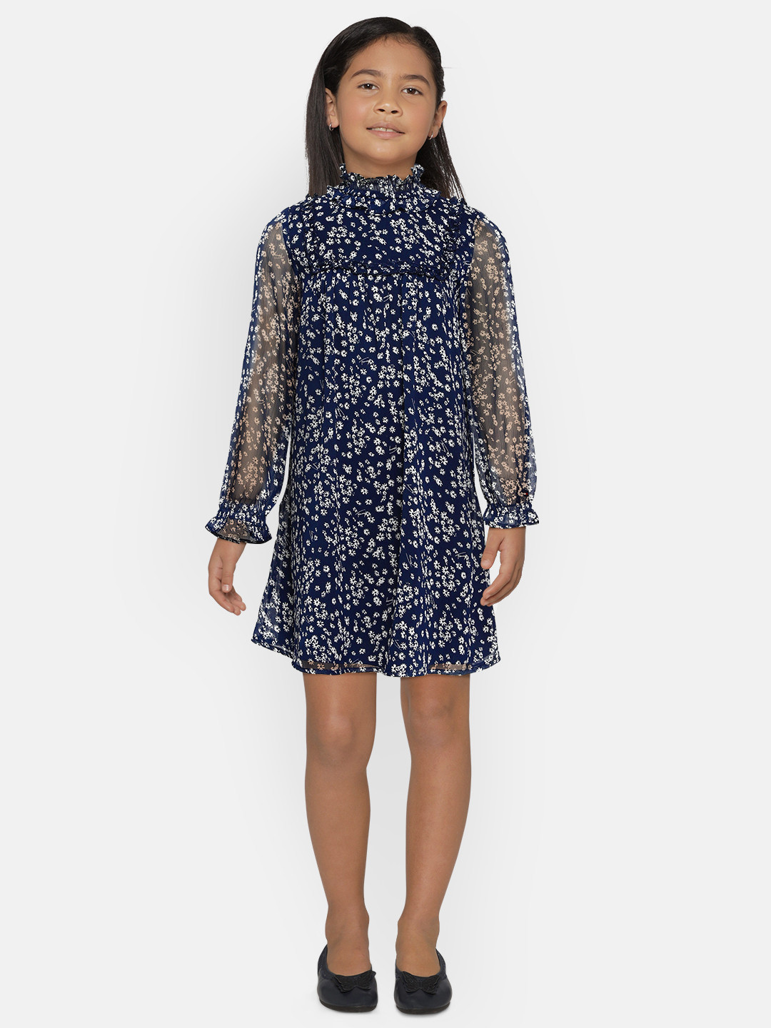 

Tommy Hilfiger Girls Navy Blue & White Floral Printed A-Line Dress