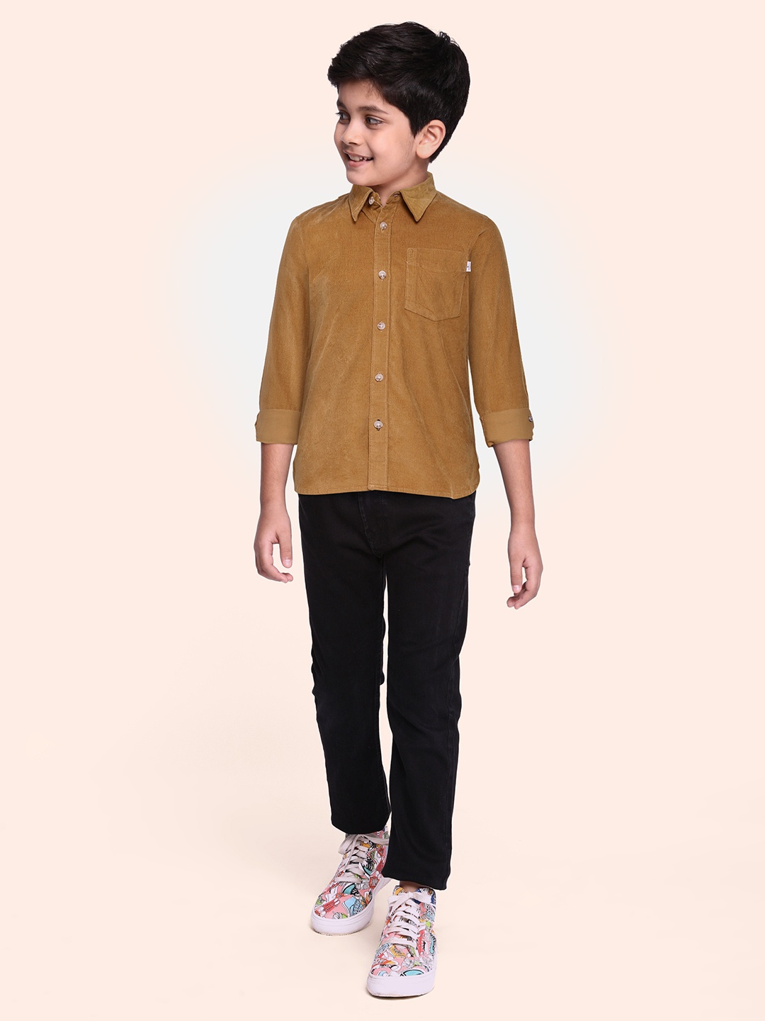 

Tommy Hilfiger Boys Camel Brown Regular Fit Solid Opaque Corduroy Casual Shirt