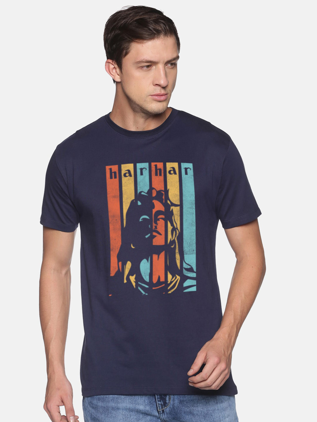 

MASH UNLIMITED Men Navy Blue & Yellow Printed Slim Fit T-shirt